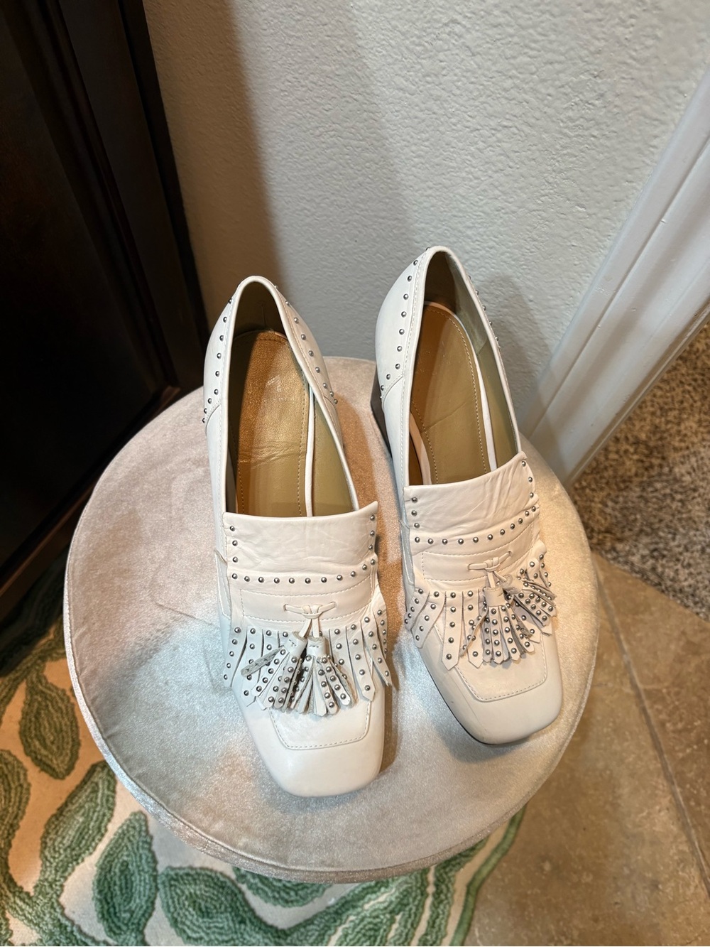 Marc Fisher White Studded Tassel Loafers